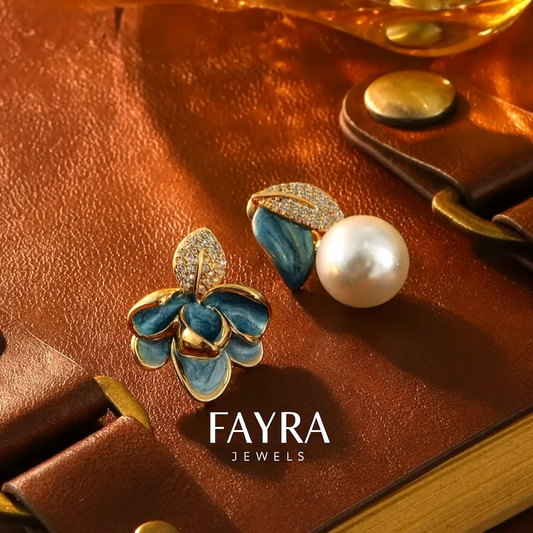 Blue Enamel Floral Pearl Earrings