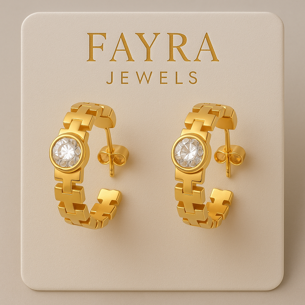 Gold Chain Hoop Earrings with Crystal Center