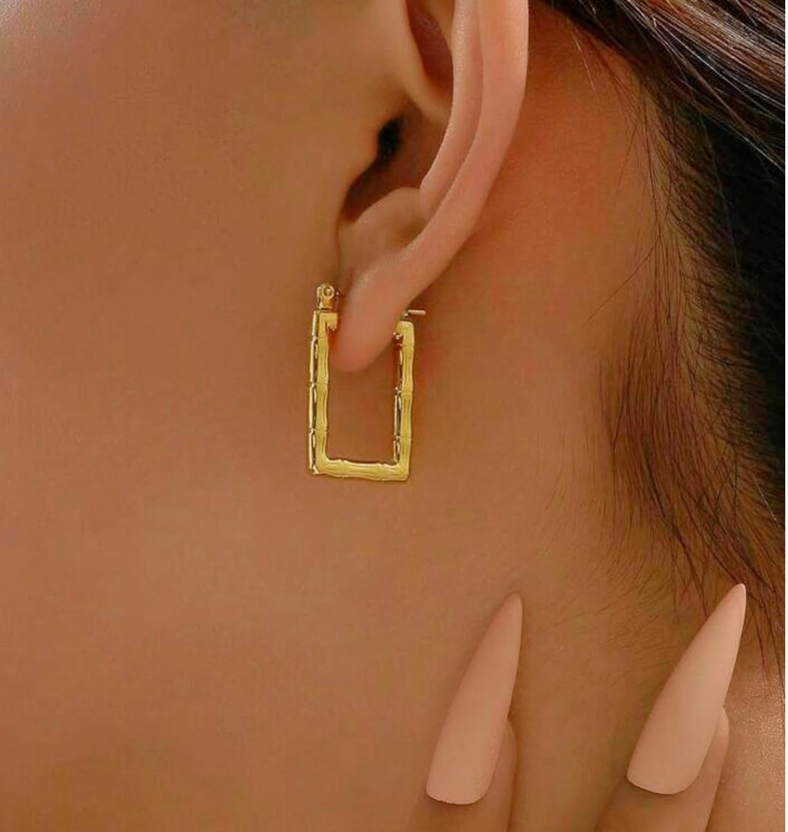 Golden Bamboo-Inspired Rectangular Hoop Earrings – Fayra Jewels
