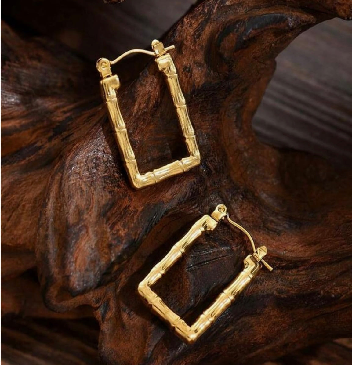 Golden Bamboo-Inspired Rectangular Hoop Earrings – Fayra Jewels