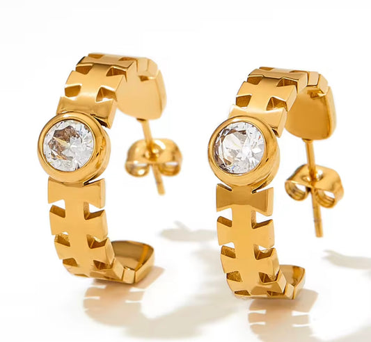 Gold Chain Hoop Earrings with Crystal Center
