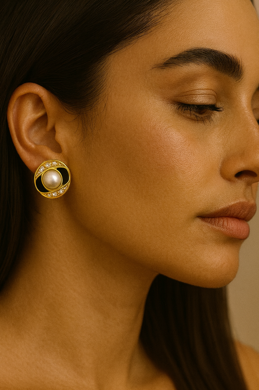 Classic Pearl & Black Enamel Stud Earrings