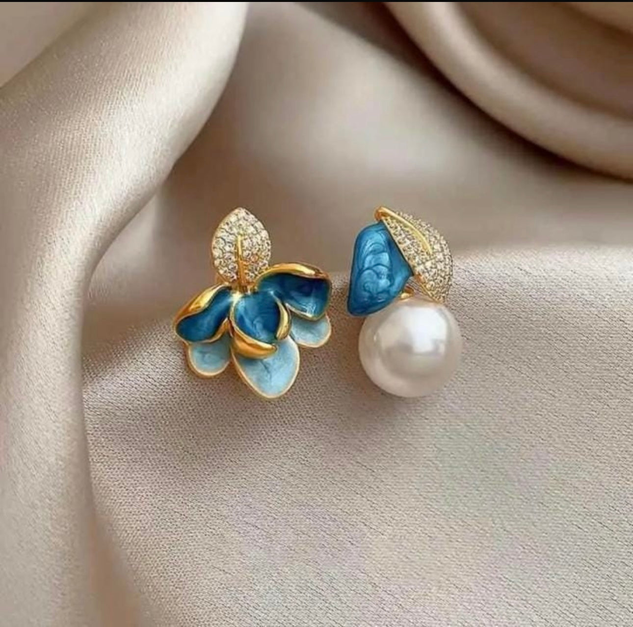Blue Enamel Floral Pearl Earrings