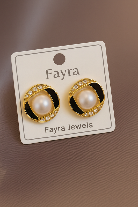 Classic Pearl & Black Enamel Stud Earrings