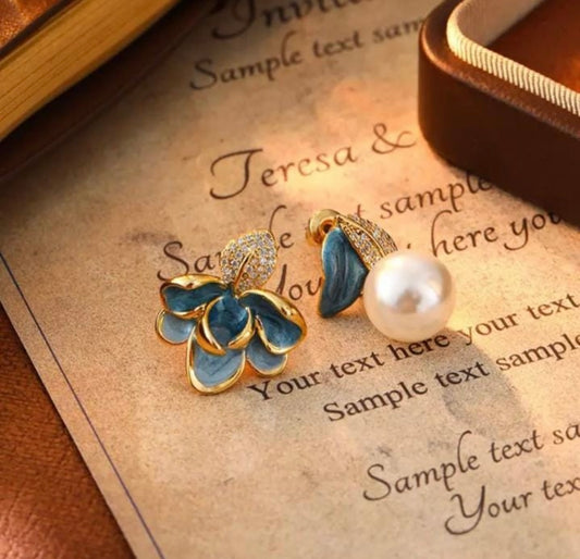 Blue Enamel Floral Pearl Earrings
