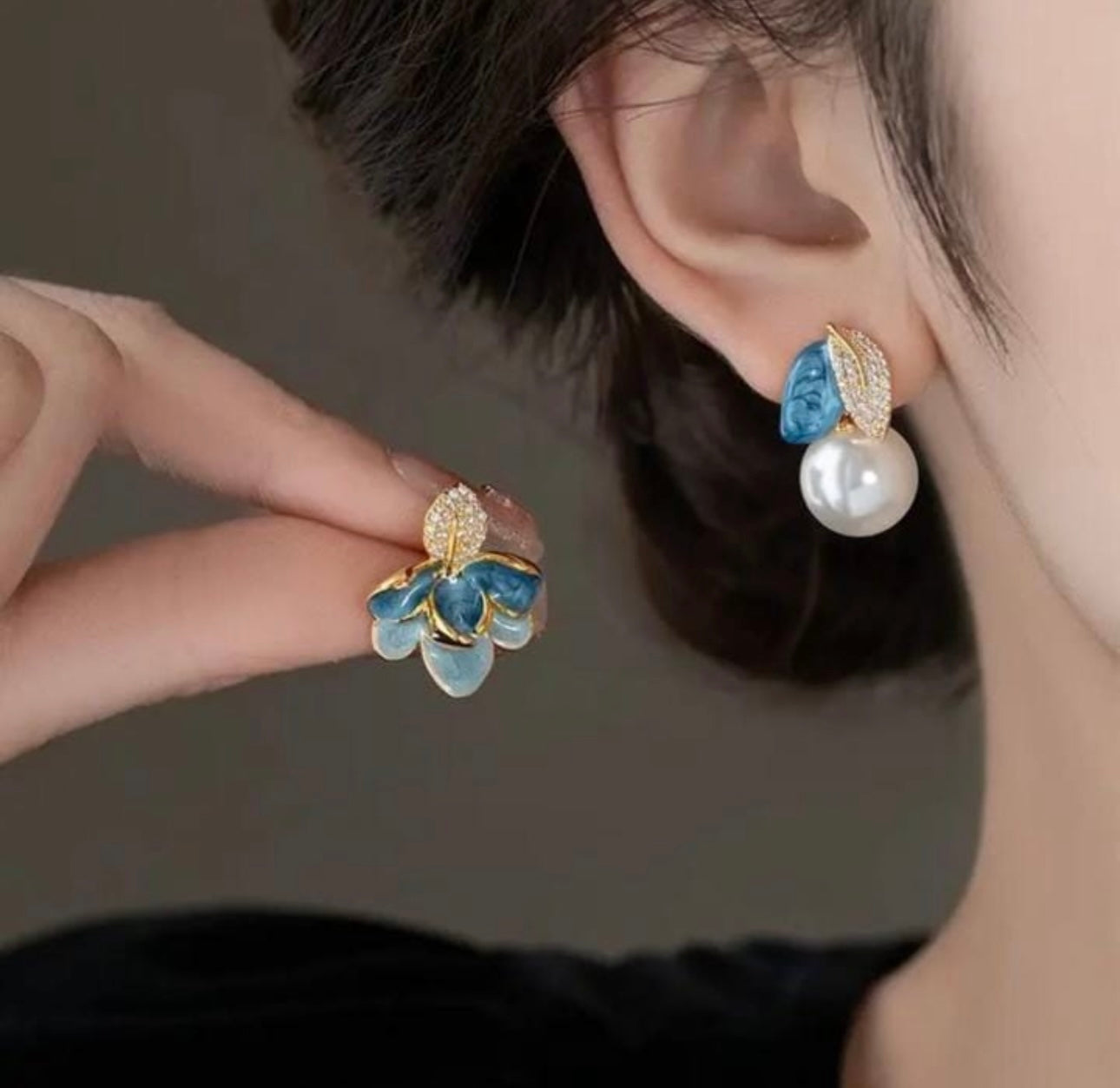 Blue Enamel Floral Pearl Earrings