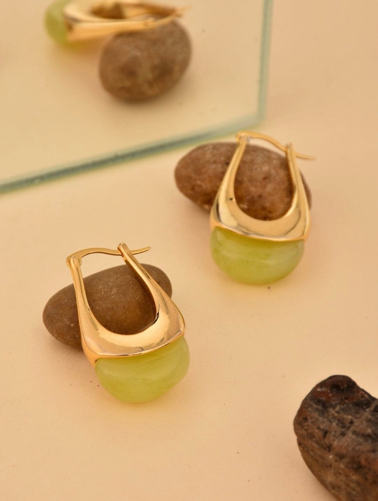 Golden Glow Hoop Earrings with Green Stone Accent