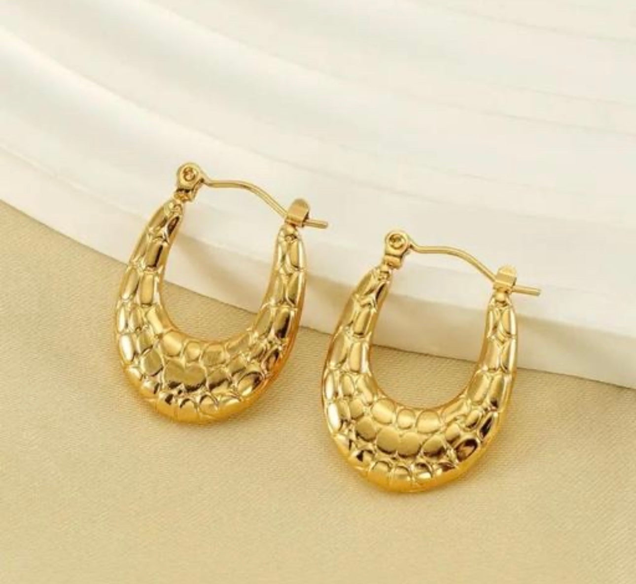 Golden Textured Oval Hoop Earrings – Fayra Jewels