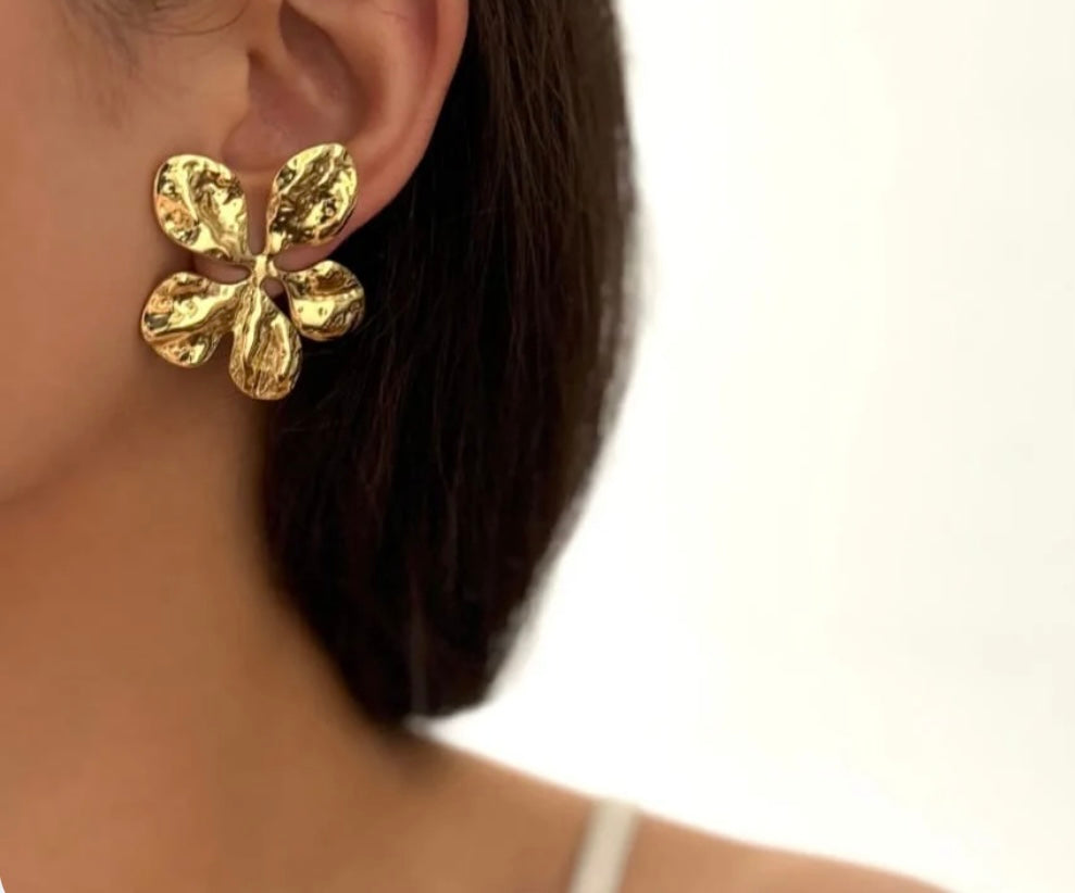 Golden Textured Floral Statement Earrings