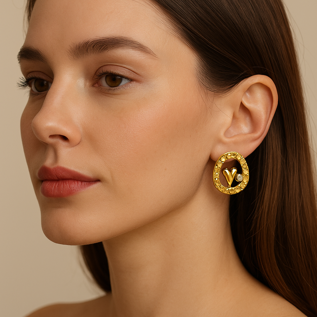 Golden Heart Charm Stud Earrings