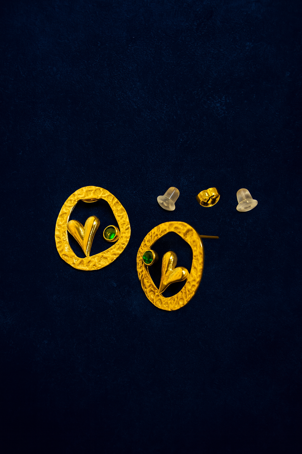 Golden Heart & Emerald Accent Stud Earrings