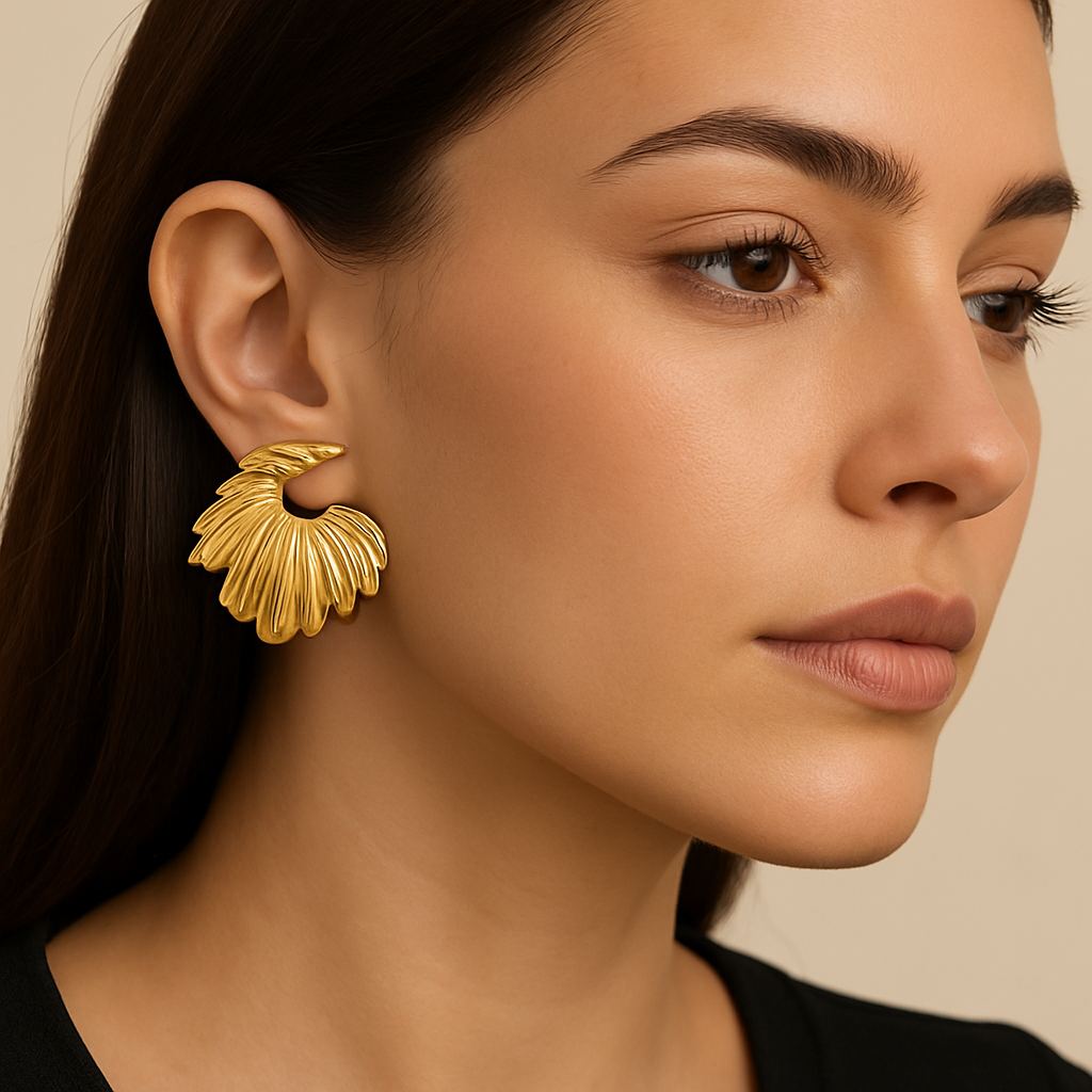 Golden Fan Statement Earrings – Stainless Steel