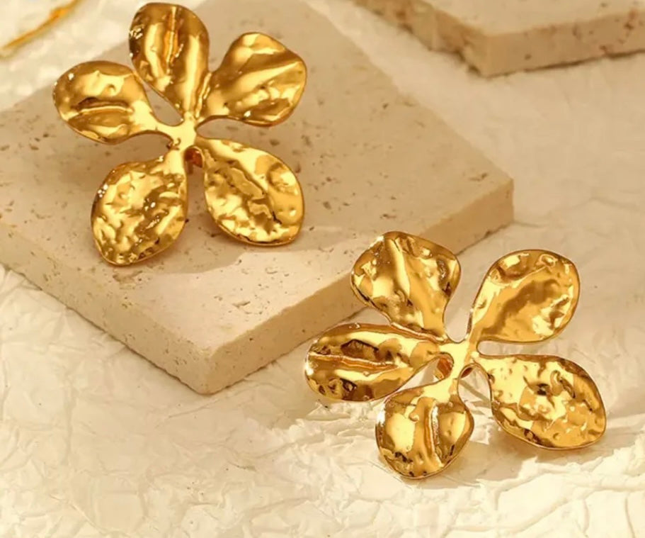 Golden Textured Floral Statement Earrings