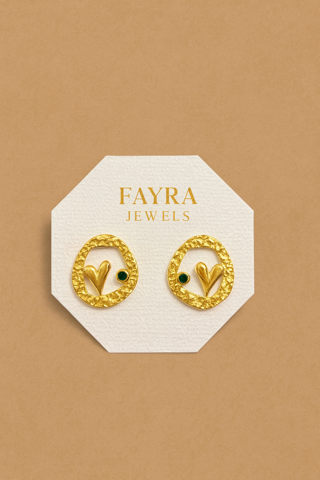 Golden Heart & Emerald Accent Stud Earrings